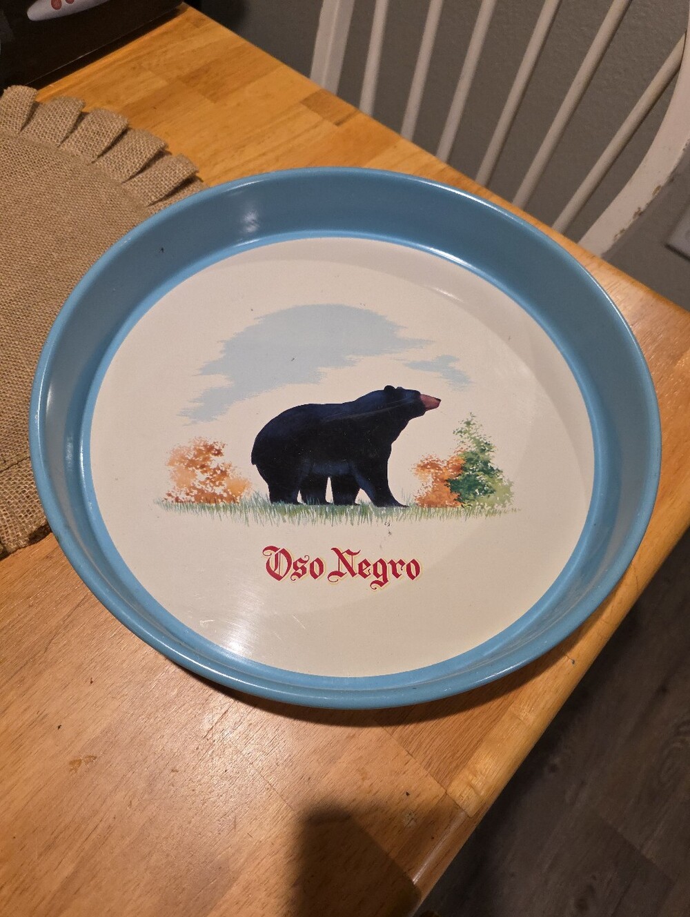 Vintage OsO Negro Black Bear Decorative Metal Serving Tray - Blue Rim
